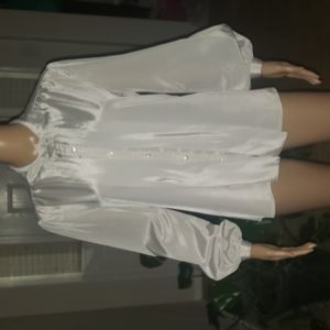 Calvin Klein M blouson shimmery light grey self tie neck puff long sleeve